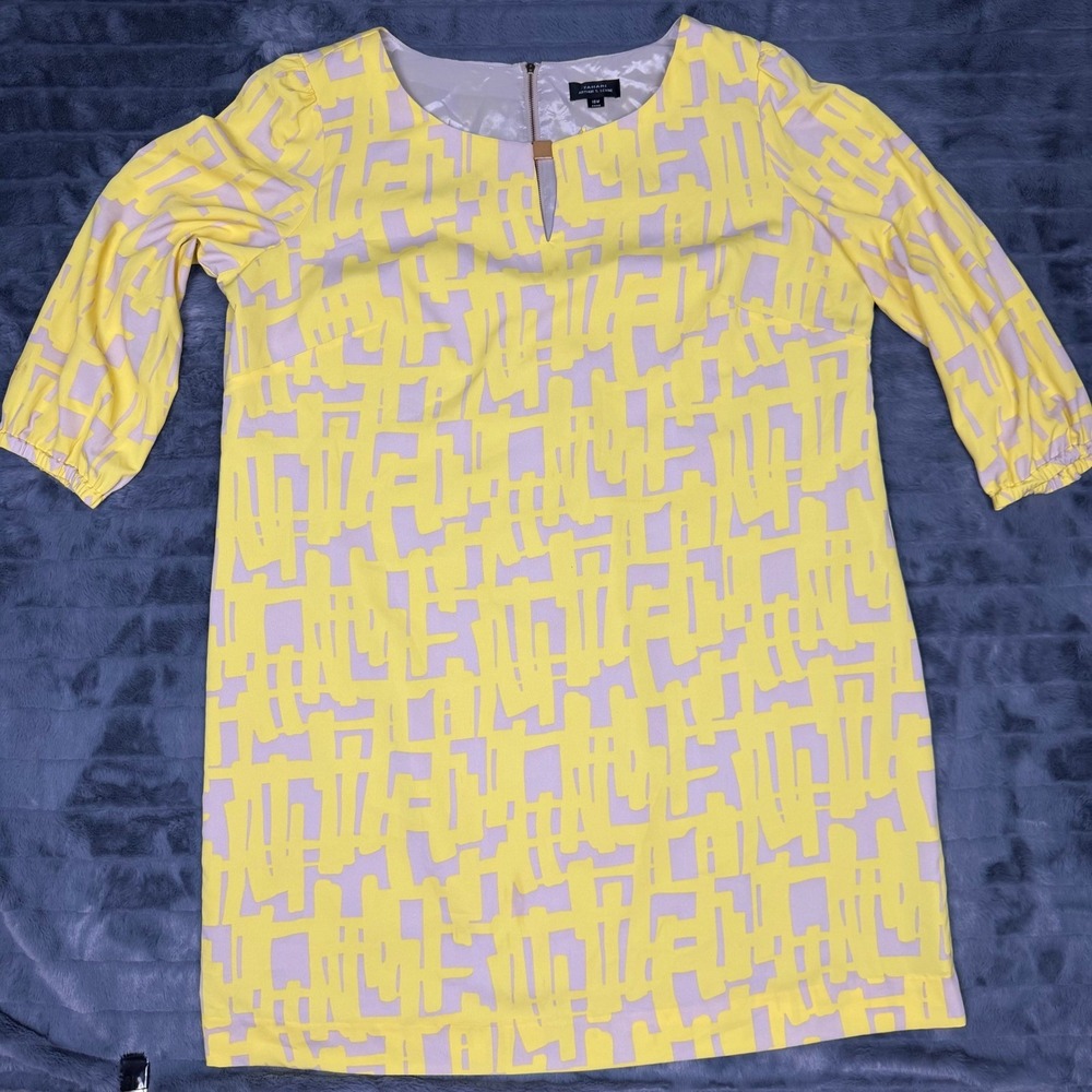 Tahari Arthur S. Levine Yellow Grey Abstract Shift Dress Plus 18W Notched Neck